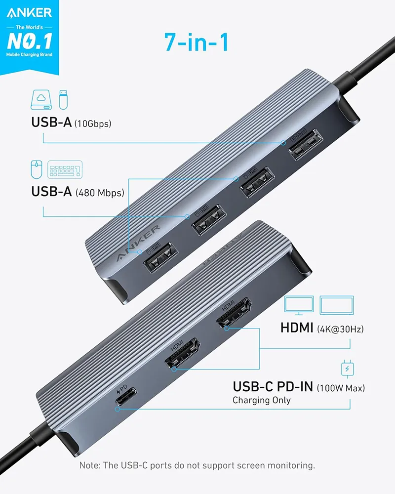 Anker USB-C Hub (7-in-1, Dual Display) – Gray
