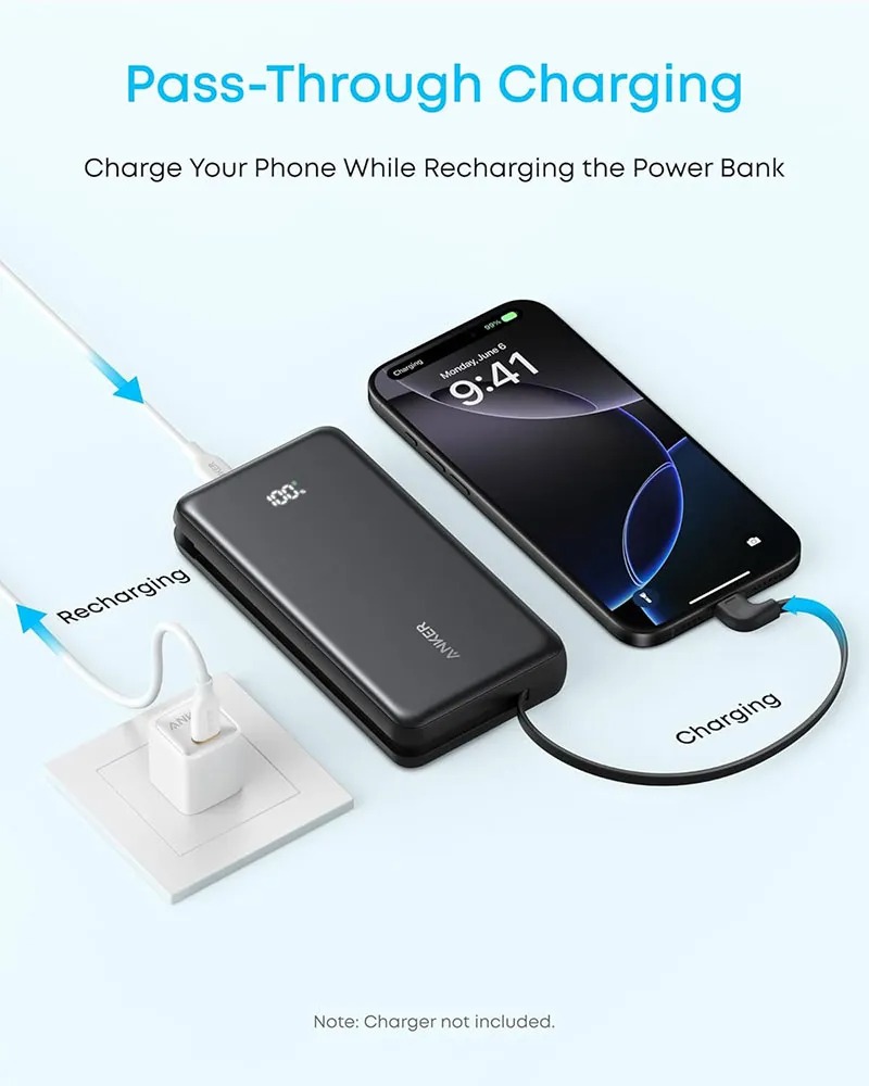 Anker Zolo Power Bank 20,000 mAh, 22.5W, Built-in USB-C Cable – Black-
